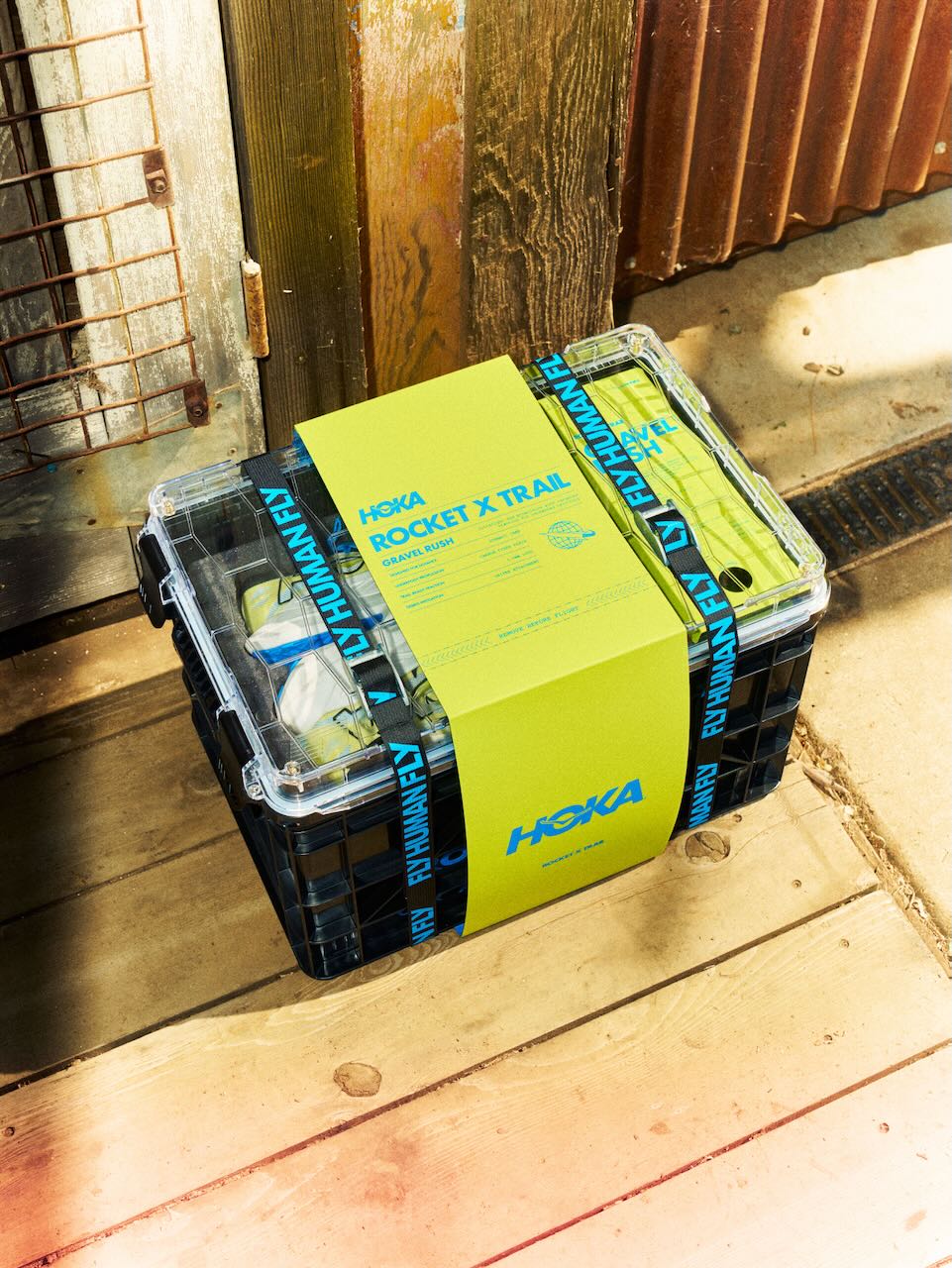 HOKA Rocket X Trail launch kit crate with printed belly band